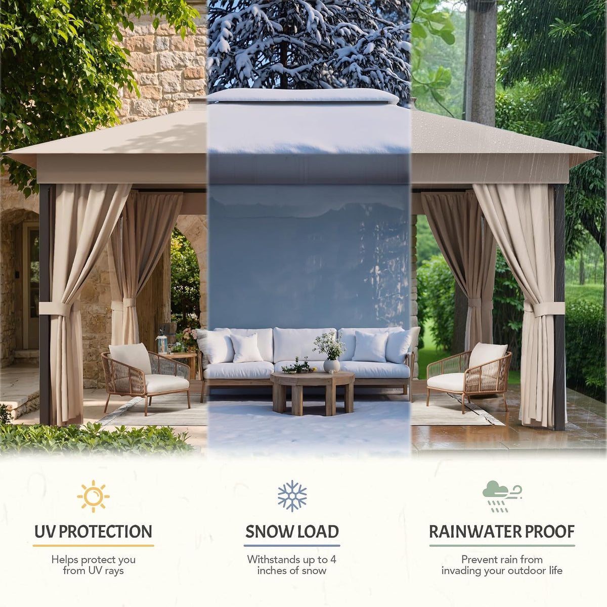 Devoko Outdoor Gazebo for Patio 8'x 8' Heavy Duty Metal Frame Canopy with Expansion Bolts & Double Roofs, Party Tent & Shelter with Mosquito Nettings and Privacy Screen for Backyard, Garden (Khaki)