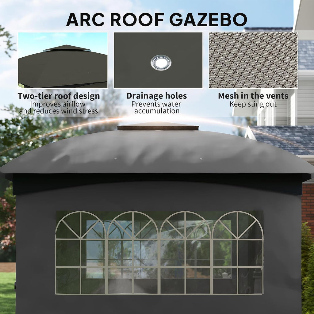 Outsunny 11' x 11' Outdoor Gazebo, Arc Patio Gazebo Canopy Shelter, UV Protected, with Curtains, Church Windows, Double Roof, Galvanized Steel Frame for Lawn, Backyard and Deck, Dark Gray