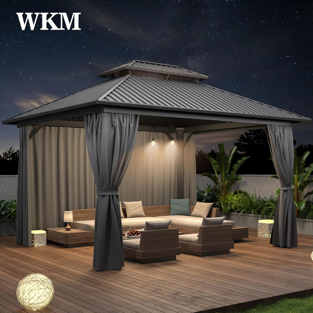 WKM 10x12 FT Hardtop Gazebo with Heavy Duty Galvanized Steel Double Roof, Aluminum Frame Permanent Pavilion with Curtains and Netting, Outside Canopy Gazebo for Patio, Deck and Backyard, Grey