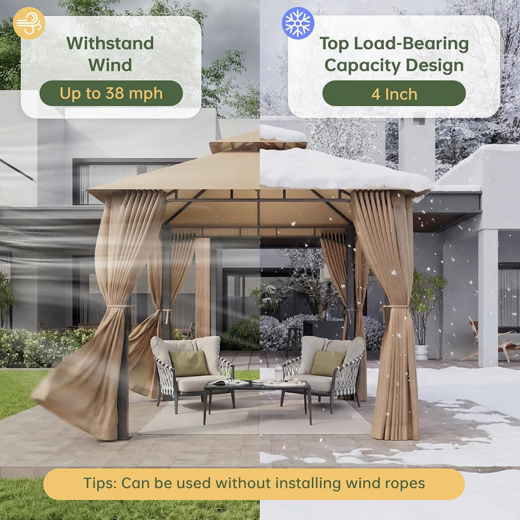 Aoxun 8x8 Gazebo with Double Roof & Mosquito Netting Outdoor Heavy-Duty Party Tent, Patio Tent with Zipper Screens - Backyard Garden Lawn Shelter Includes Wind Ropes Expansion Bolts, Beige