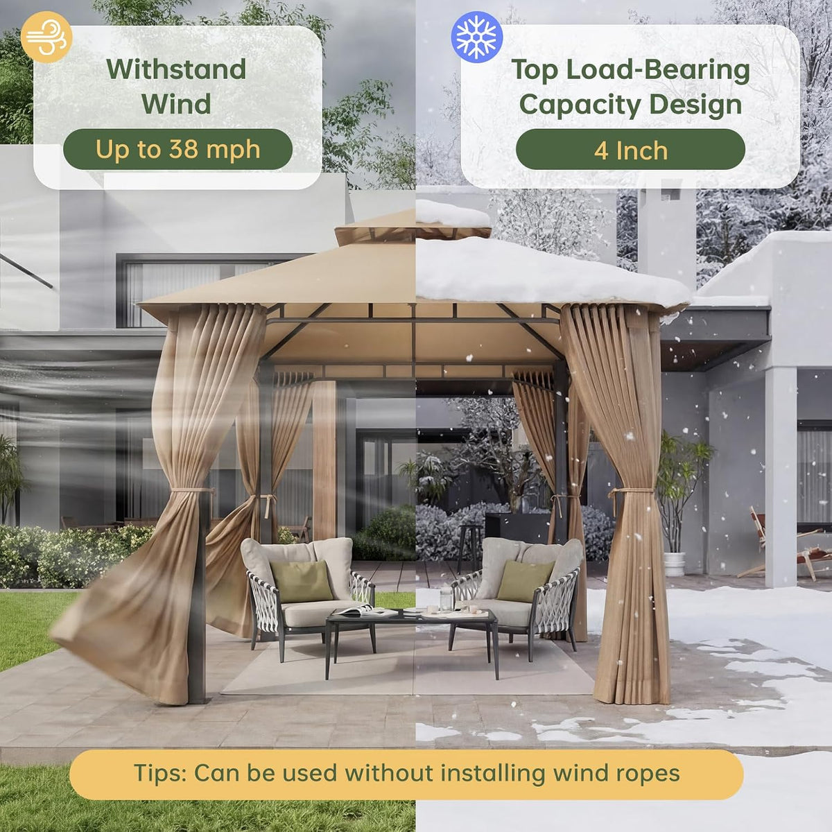 Aoxun 8x8 Gazebo with Double Roof & Mosquito Netting Outdoor Heavy-Duty Party Tent, Patio Tent with Zipper Screens - Backyard Garden Lawn Shelter Includes Wind Ropes Expansion Bolts, Beige