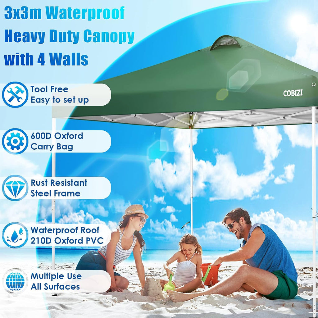COBIZI Pop Up Canopy Tent Beach Canopy Outdoor Portable with Air Vent, 4 Removable Sides and Sandbags, 10x10, Green