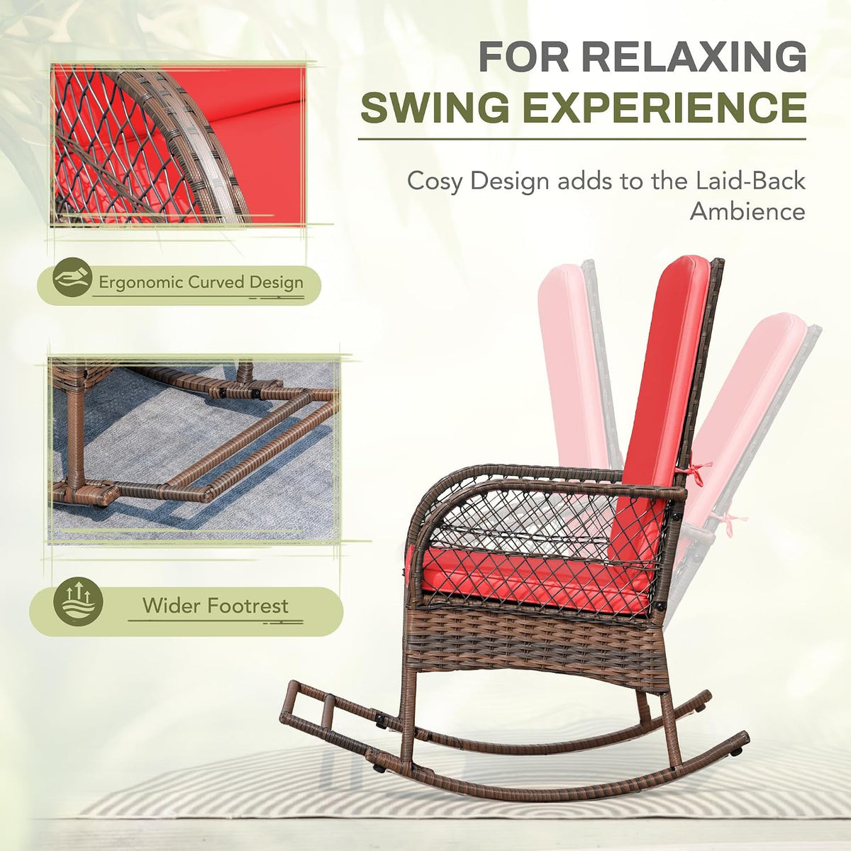 Greesum 3 Piece Outdoor Wicker Rocking Chairs Patio Furniture Set with Glass Coffee Table for Garden Backyard Porch Poolside, Red