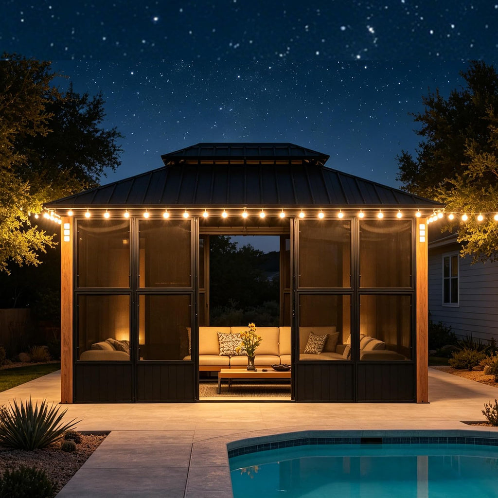 PURPLE LEAF Hardtop Gazebo Sunroom 10' x 13', Enclosed Patio Solarium with Mesh & Removable PC Panels, Magnetic Sliding Doors Outdoor Living Space for Backyard Lounge, Dining & Spa and 24 Solar Lights