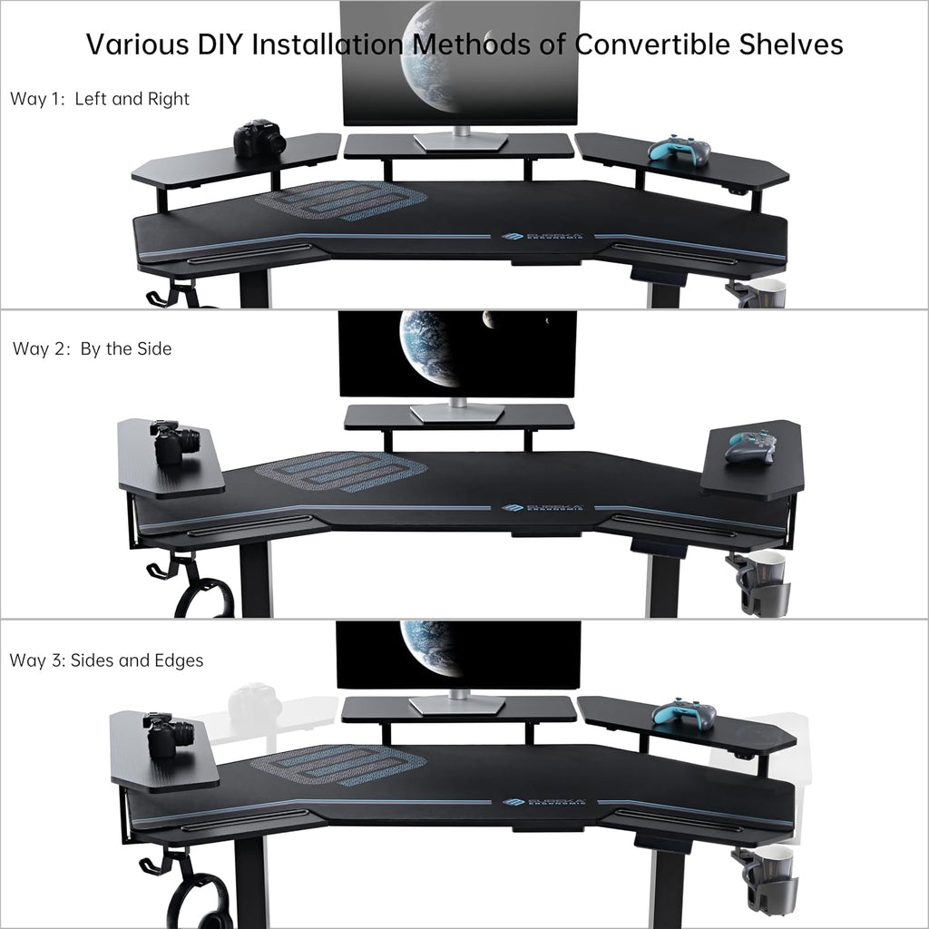 EUREKA ERGONOMIC Gaming Desk Adjustable Height Standing Desk 63' Wing Shaped Music Studio Table Workstation w Full Coverage Mousepad, 3 Stands, Dual Headphone/Cup Holder, Ipad-Slot