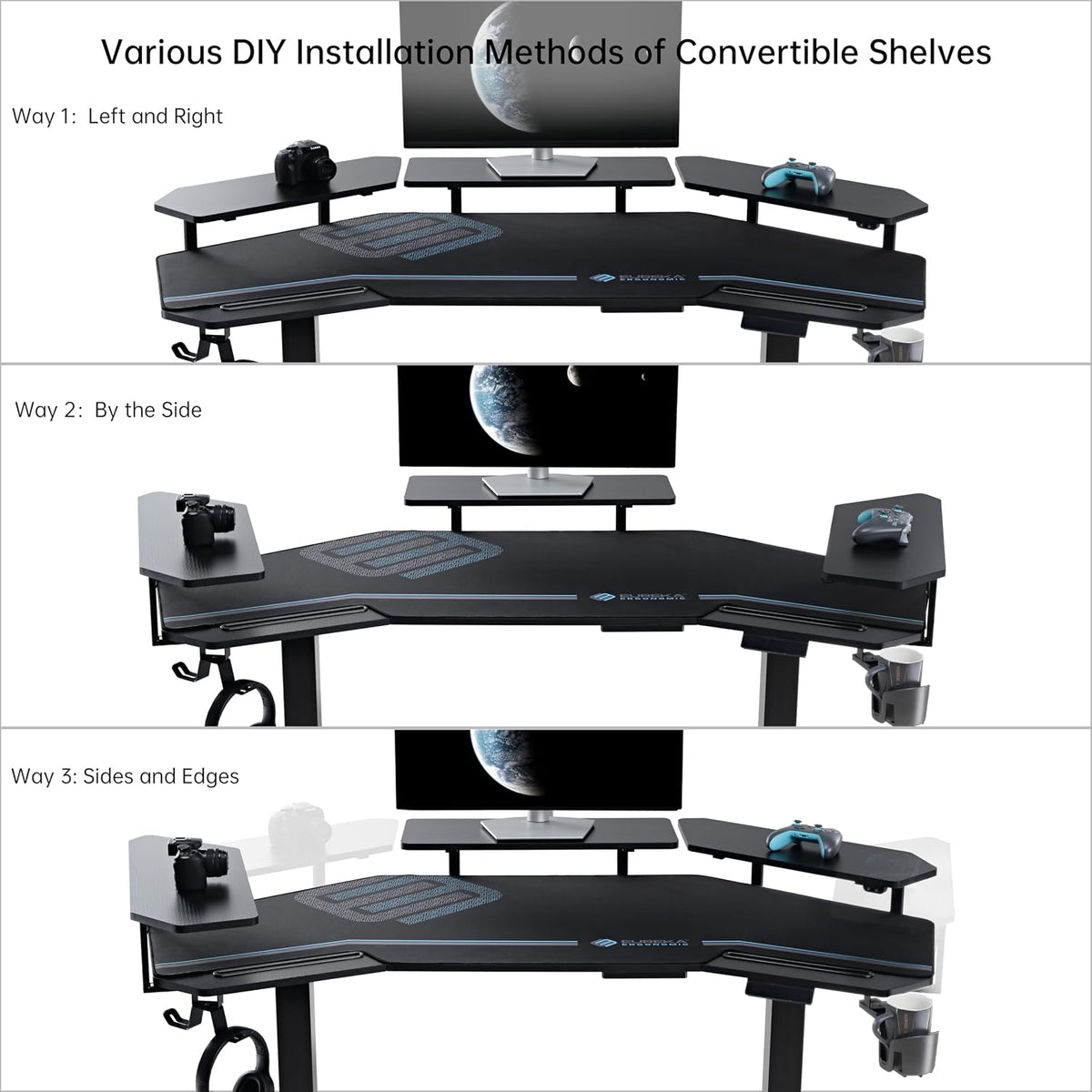 EUREKA ERGONOMIC Gaming Desk Adjustable Height Standing Desk 63' Wing Shaped Music Studio Table Workstation w Full Coverage Mousepad, 3 Stands, Dual Headphone/Cup Holder, Ipad-Slot