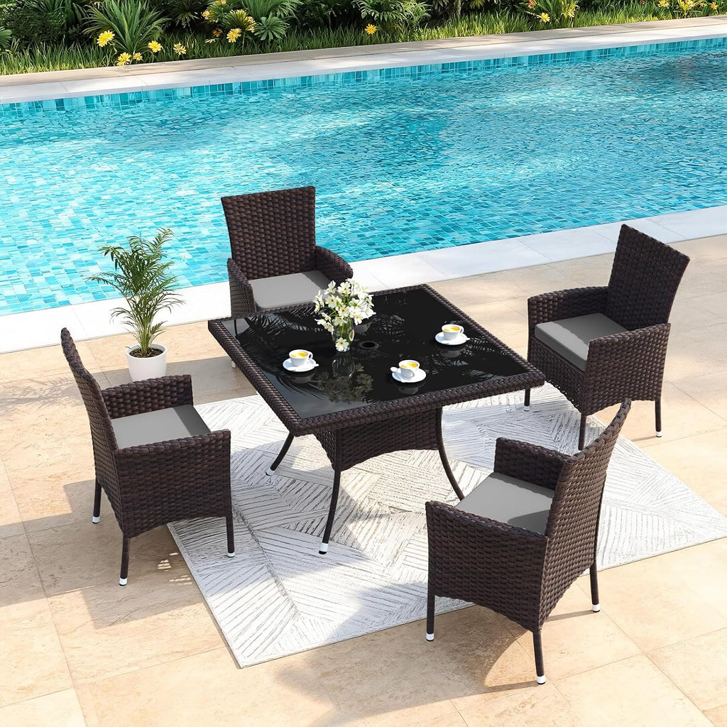 Gotland 5 Piece Outdoor Dining Set, All-Weather Rattan Patio Furniture Set with Umbrella Hole Tempered Glass Square Table, Outdoor Table and Chairs with Removable Cushions for Backyard, Deck, Grey
