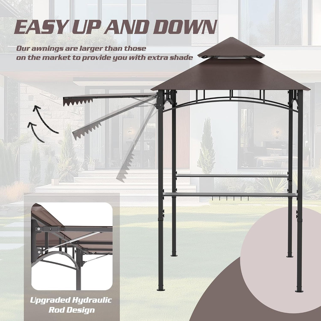 8'X8' Grill Gazebo Canopy - Heavy Duty Steel Frame, Double Tiered Grill Canopy for Outdoor Grill W/Shelves, Ceiling Hooks, Ground Stakes, Patio Canopys Tent BBQ Gazebo Backyard (Brownness)