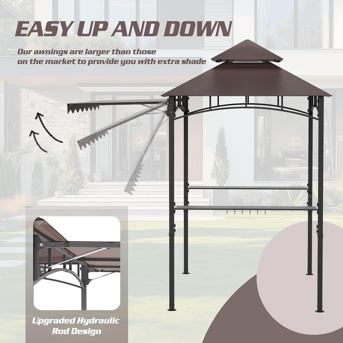 8'X8' Grill Gazebo Canopy - Heavy Duty Steel Frame, Double Tiered Grill Canopy for Outdoor Grill W/Shelves, Ceiling Hooks, Ground Stakes, Patio Canopys Tent BBQ Gazebo Backyard (Brownness)