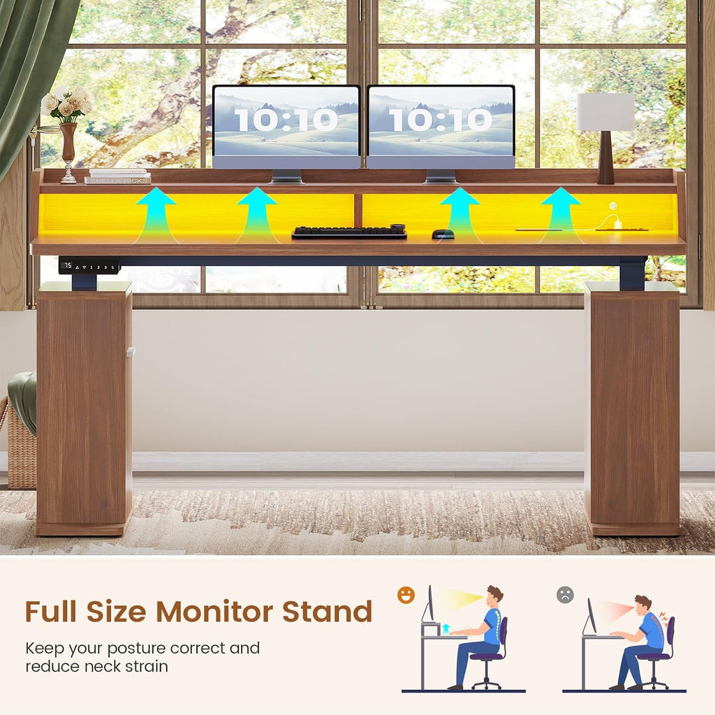 SEDETA Standing Desk with Storage, 55' Fluted Stand Up Desk with Power Outlets and LED Lights, Height-Adjustable Table with Monitor Shelf for Home Office & Gaming, Brown