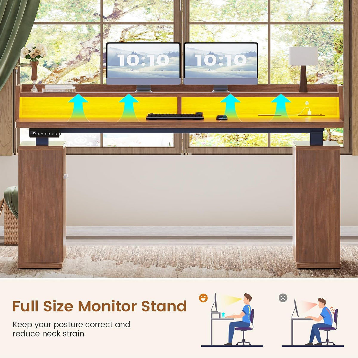 SEDETA Standing Desk with Storage, 55' Fluted Stand Up Desk with Power Outlets and LED Lights, Height-Adjustable Table with Monitor Shelf for Home Office & Gaming, Brown
