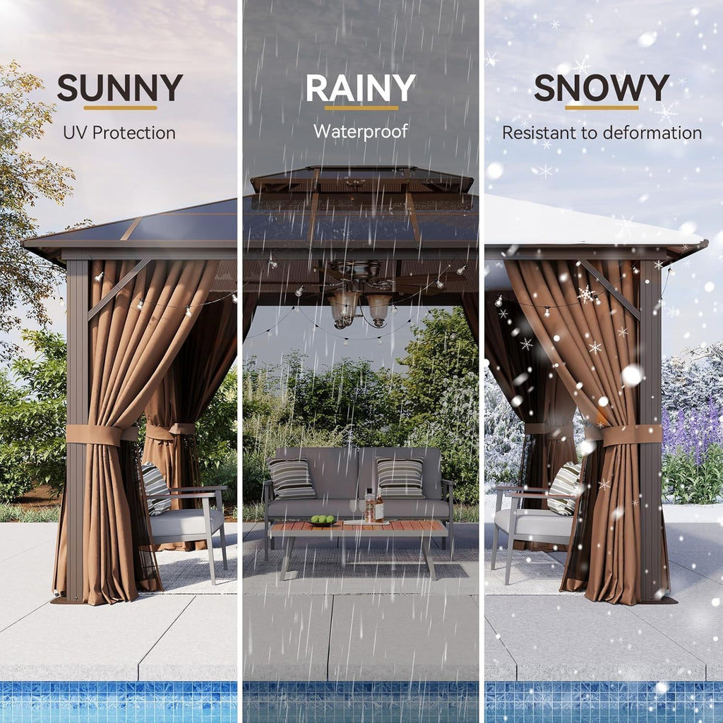 Aoxun 10'x12' Hardtop Gazebo, Aluminum Frame Permanent Pavilion with Netting and Curtains, Outdoor Polycarbonate Double Roof Canopy, Designed for Lawn, Garden, Patio (Brown)