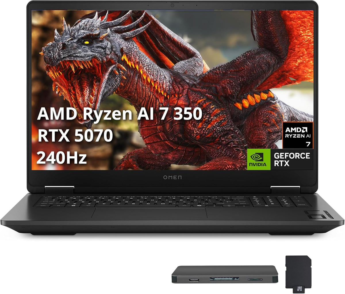 HP Omen 17.3' QHD Gaming Laptop, AMD Ryzen AI 7 350, 64GB DDR5, 5TB Storage(4TB SSD+1TB Docking Station Set), NVIDIA GeForce RTX 5070 8 GB GDDR7, RGB Backlit Keyboard, Win11 Home, Black