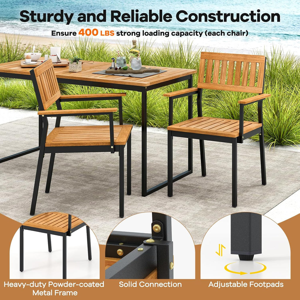 Tangkula 6 Pieces Outdoor Acacia Wood Dining Set, Patio Table and Chairs Set with Bench for 6-7 People, Outdoor Dining Furniture Set with 2' Umbrella Hole for Garden, Backyard and Poolside