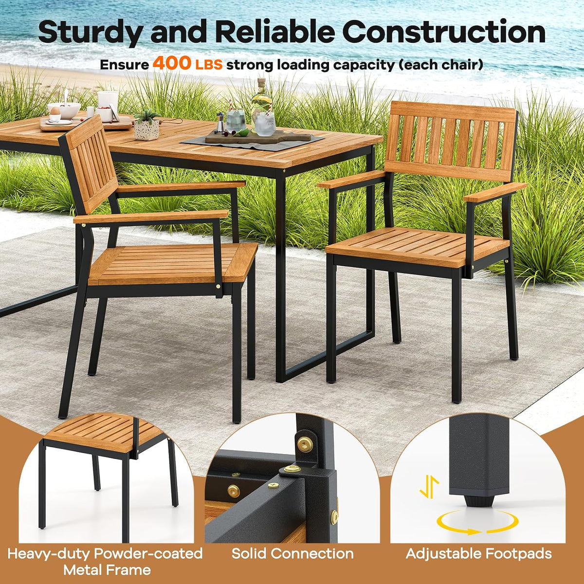 Tangkula 6 Pieces Outdoor Acacia Wood Dining Set, Patio Table and Chairs Set with Bench for 6-7 People, Outdoor Dining Furniture Set with 2' Umbrella Hole for Garden, Backyard and Poolside