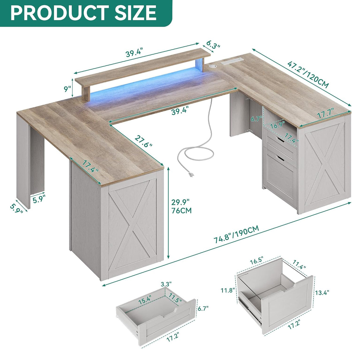 YITAHOME U Shaped Desk with Power Outlet & LED Lights, Farmhouse Computer Desk with Drawers, Wood Desk Home Office Desk with Monitor Stand & 5 Cubbies Storage Shelves, Grey Wash