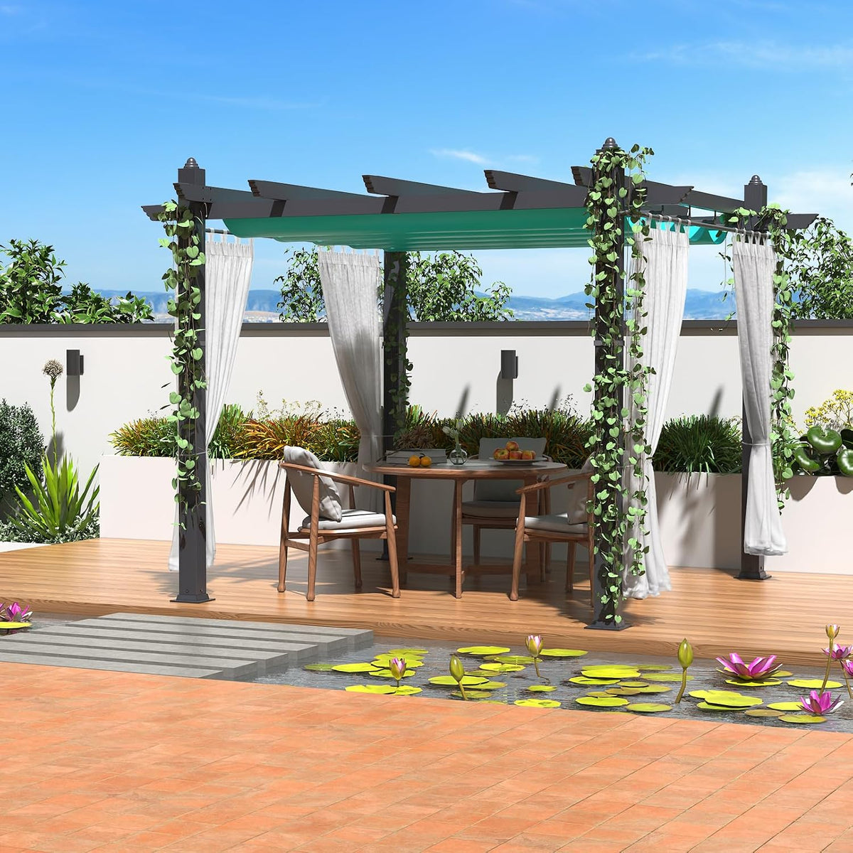 10 x 13 ft Outdoor Pergola, Aluminum Patio Gazebo Pergola with Retractable Canopy, Reinforced Frame, Outdoor Metal Gazebo Shelter with Netting for Backyard, Garden Deck and Lawn (Blue+White)