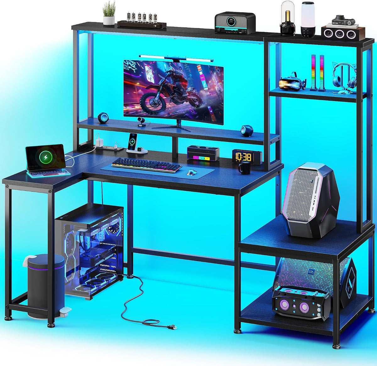 DurayLoly Gaming Desk with LED Lights & Outlets,55' L Shaped Computer Desk with Shelves & Storage Hutch,Reversible Corner Gaming Table with Printer Space & Monitor Stand for Home Office,Black