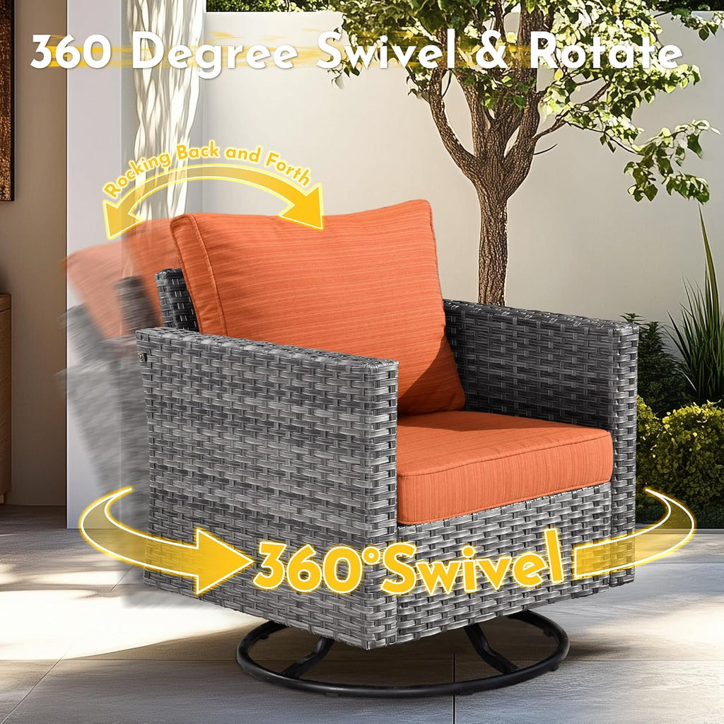 Weaxty 11 Piece Patio Furniture Set with Fire Pit Table, Outdoor Sectional Couch Swivel Rocker Patio Chairs with Coffee Table Wicker Conversation Sets for Balcony Backyard, Orange Red