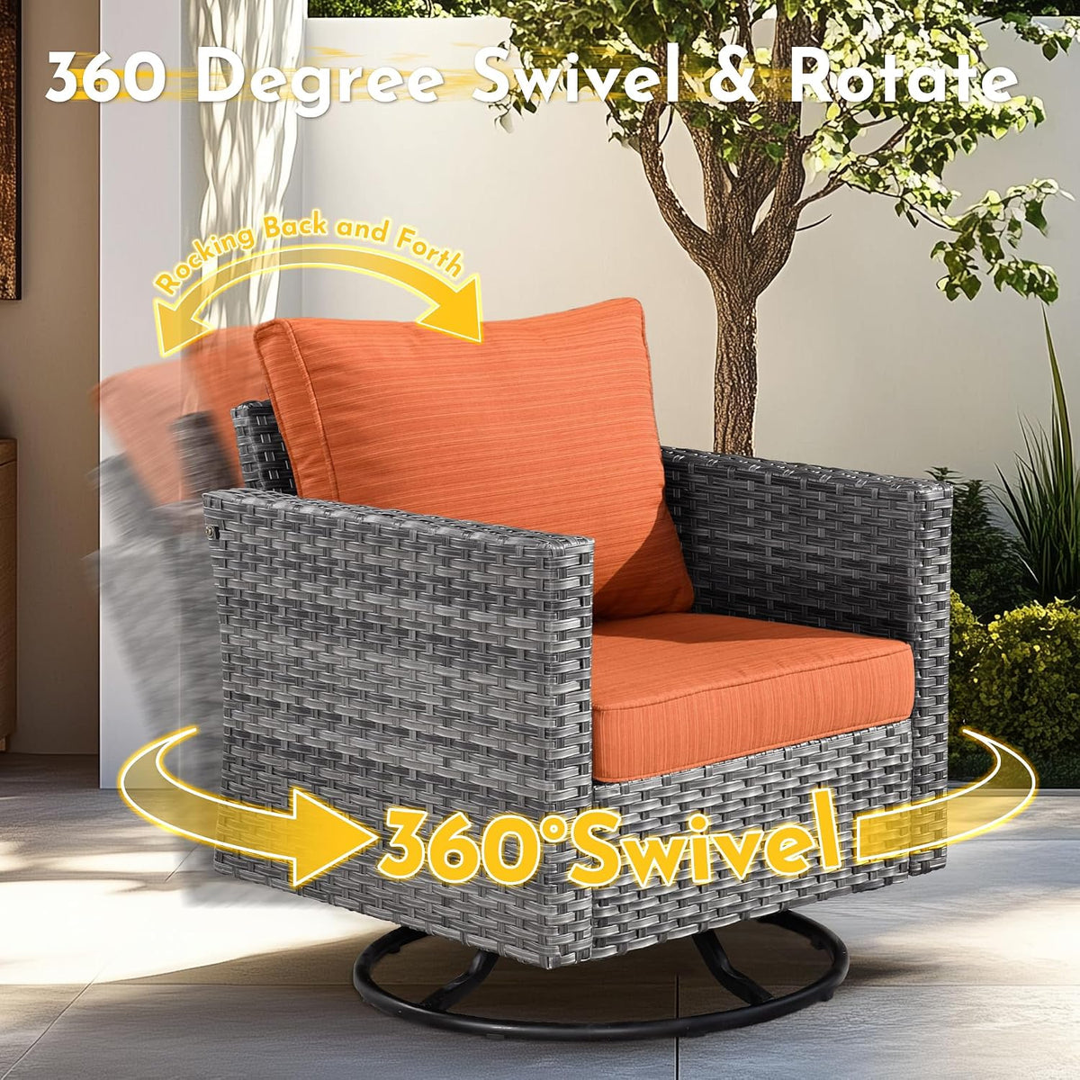 Weaxty 11 Piece Patio Furniture Set with Fire Pit Table, Outdoor Sectional Couch Swivel Rocker Patio Chairs with Coffee Table Wicker Conversation Sets for Balcony Backyard, Orange Red