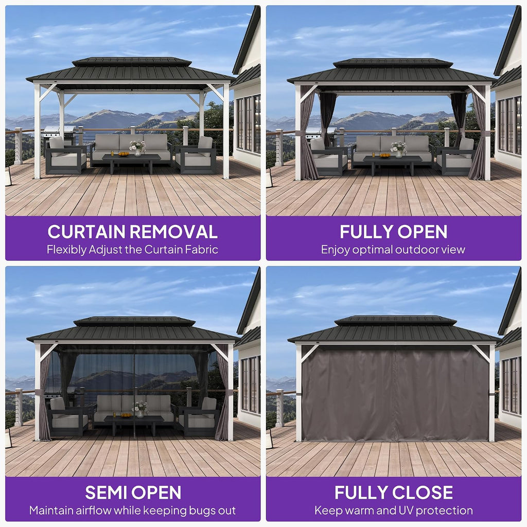 PURPLE LEAF 8' X 14' Hardtop Gazebo Metal Double Roof White Aluminum Frame Outdoor Heavy Duty Gazebo with Curtain and Netting for Patio Garden and Backyard, Grey
