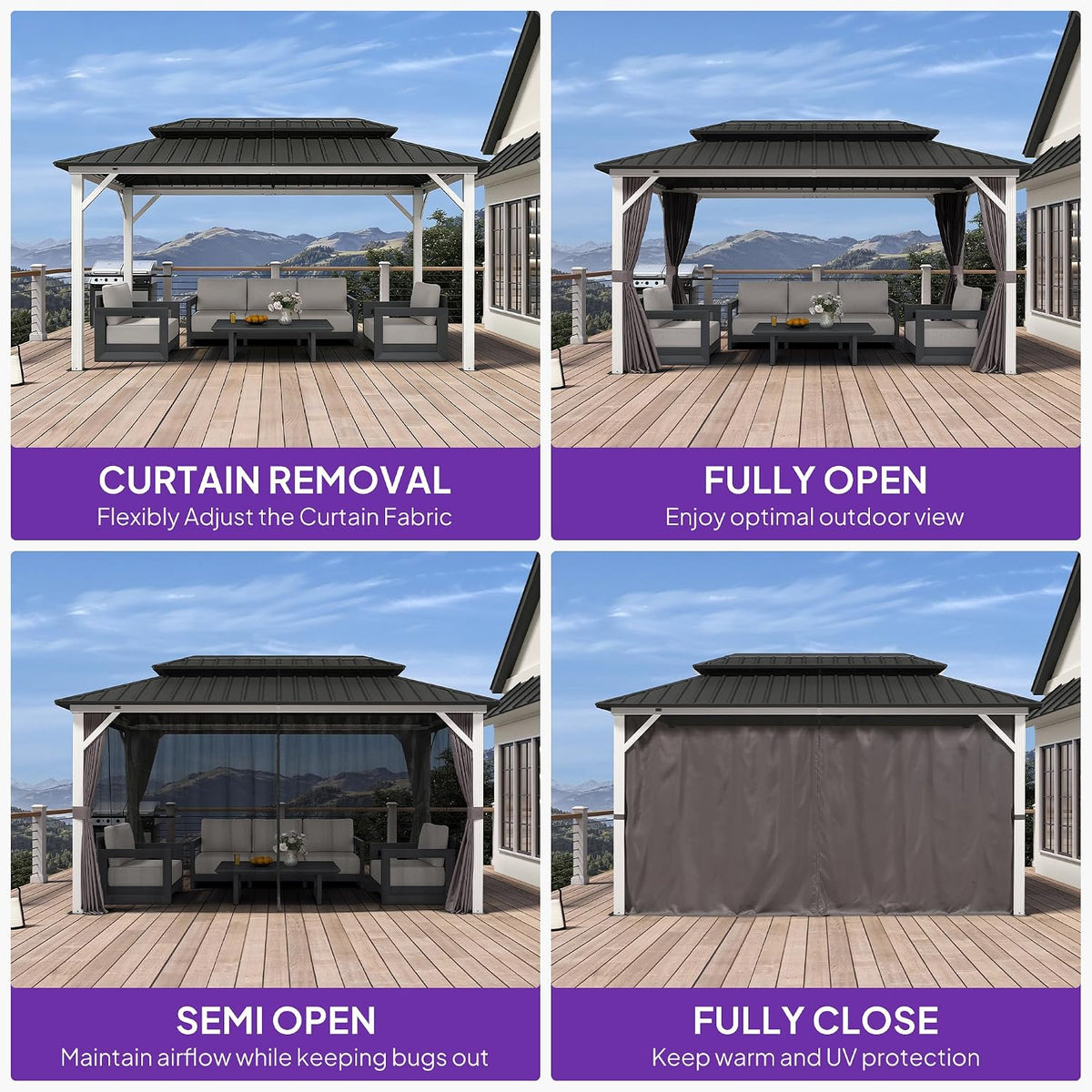 PURPLE LEAF 8' X 14' Hardtop Gazebo Metal Double Roof White Aluminum Frame Outdoor Heavy Duty Gazebo with Curtain and Netting for Patio Garden and Backyard, Grey