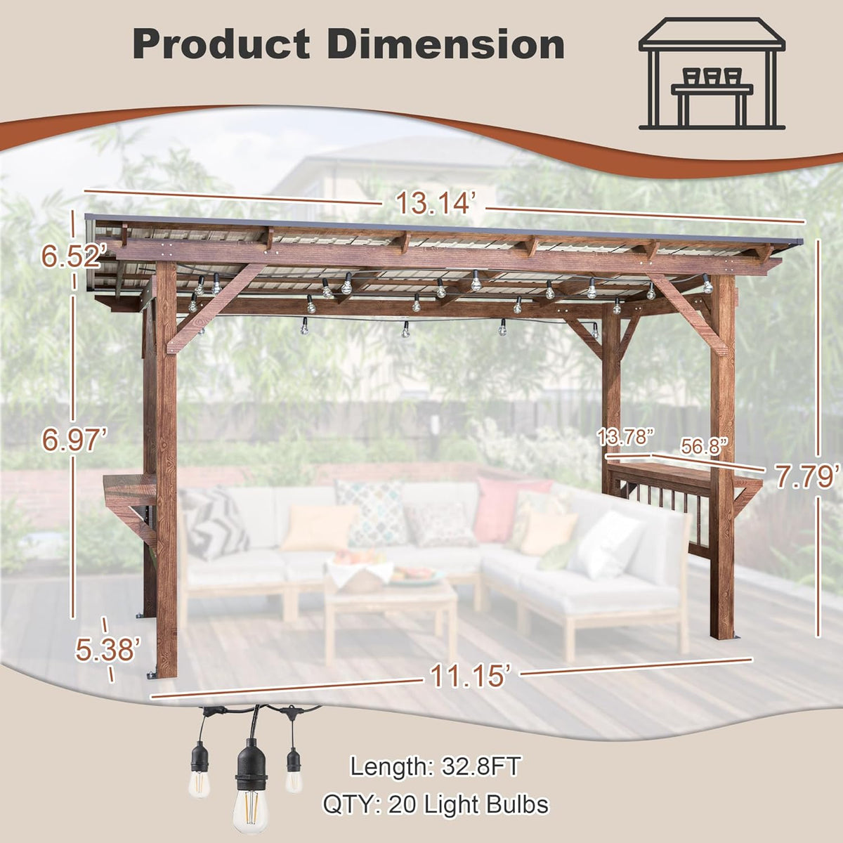 YOPTO 13x6.5 FT Outdoor Wooden Pergola Grill Gazebo with Metal Roof & Bulbs,Waterproof Garden Canopy W/Bar Counters,for Patio,Backyard,Swimming Pool,Brown