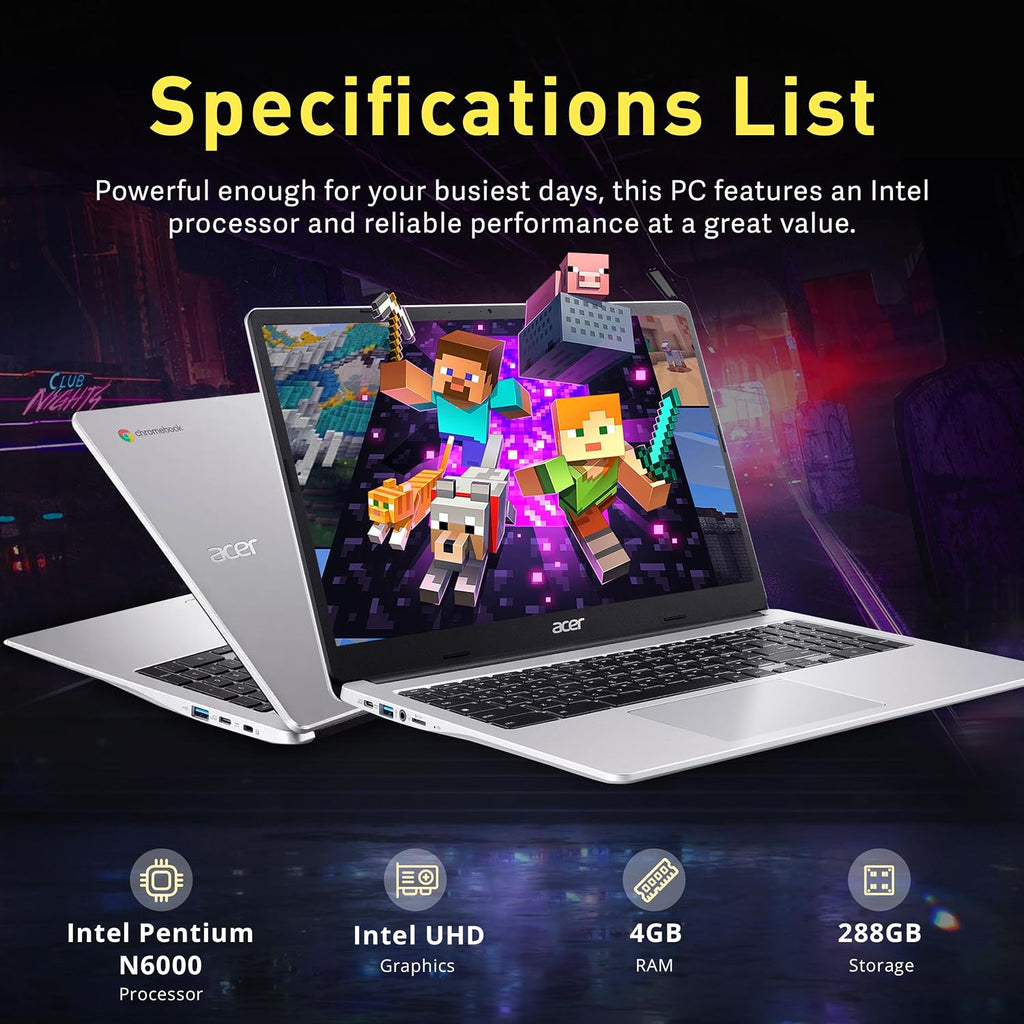 acer Chromebook 315 Laptop, 15.6' HD Anti-Glare Display, Intel Pentium N6000, 4GB LPDDR4X, 288GB Storage(128GB eMMC + 160GB Docking Station Set), UHD Graphics, Num Pad, Wi-Fi 6, Chrome OS, Silver