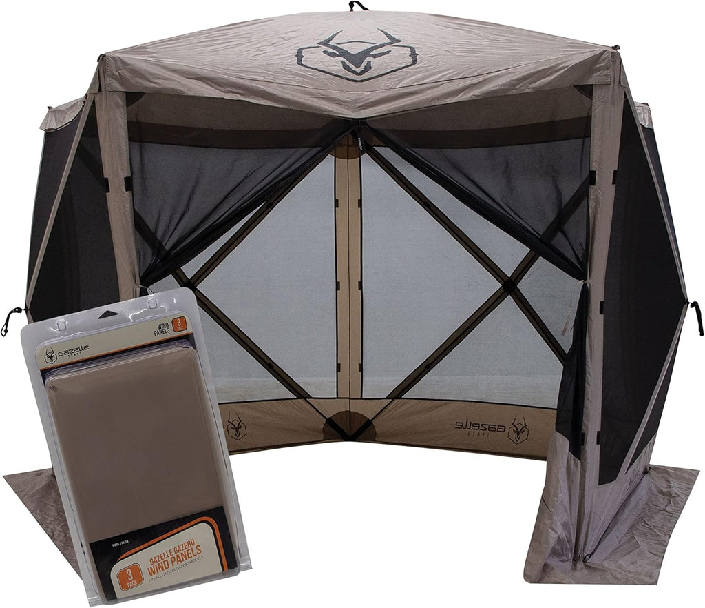 Gazelle Tents™ G5 5-Sided Portable Gazebo with TriTech Mesh, Pop-Up Hub Screen Tent, Waterproof, UV Resistant, 4-Person & Table, Desert Sand, 85' x 115' x 106', GK913, Includes 3 Pack of Wind Panels