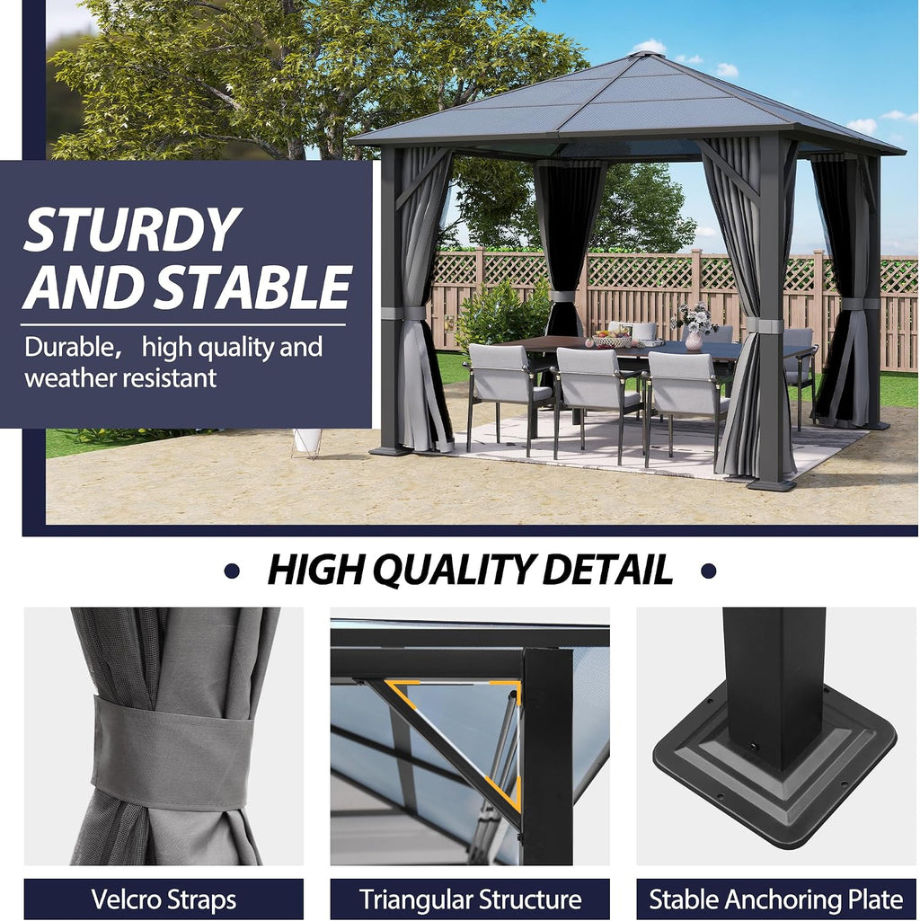 9.7 x 9.7FT Gazebo Hardtop, Outdoor Patio Gazebos with Polycarbonate Roof & Steel Frame, Outdoor Pavilion with Gray Curtain&Netting for Backyard/Lawn/Garden/Deck