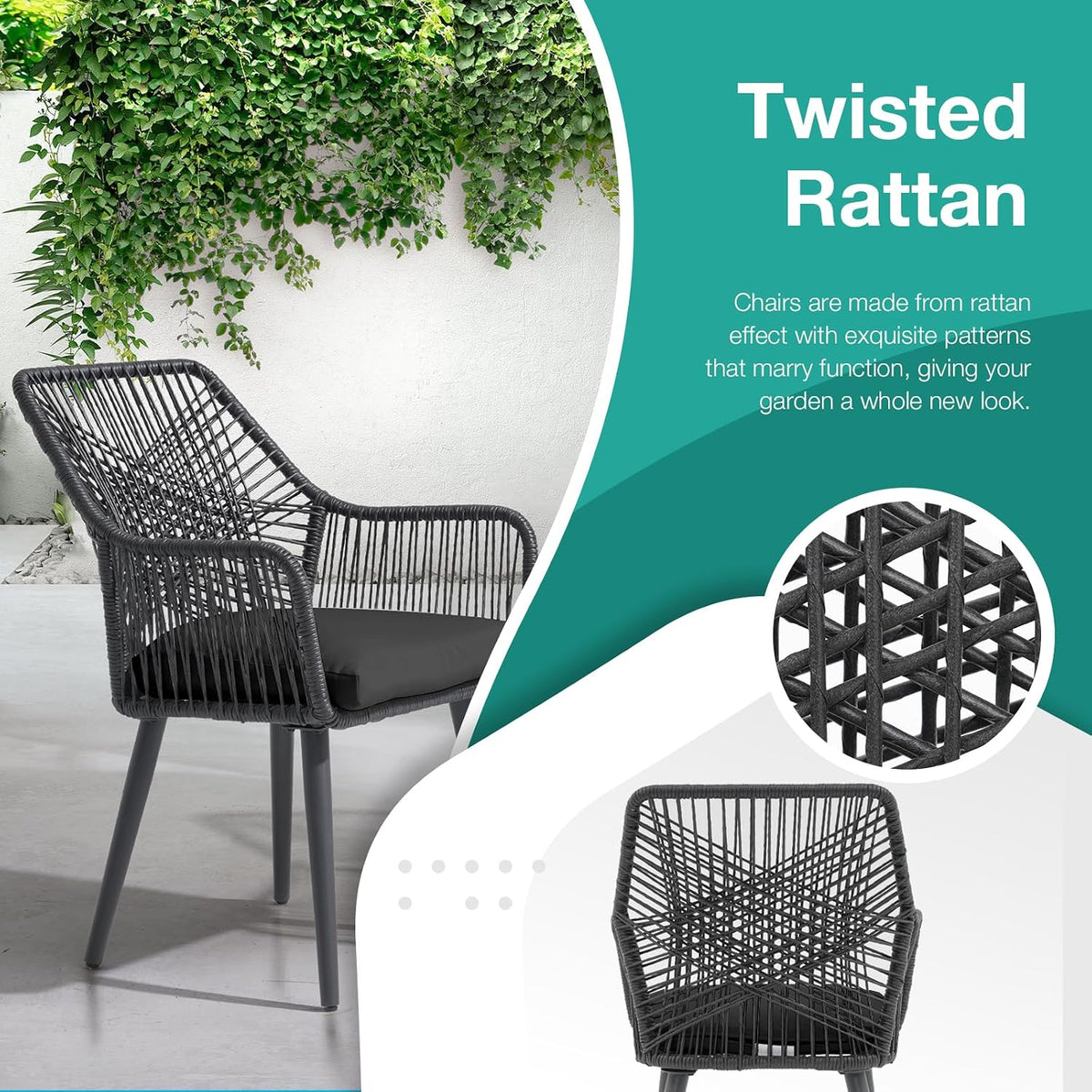 Patiorama 5-PC Patio Dining Set,Outdoor Dining Table Chair Set,All-Weather Twisted Rattan Wicker Rope Conversation Set,Patio Furniture Set w/Umbrella Hole,Cushioned Chairs&Table(Dark Grey&Cross Back)