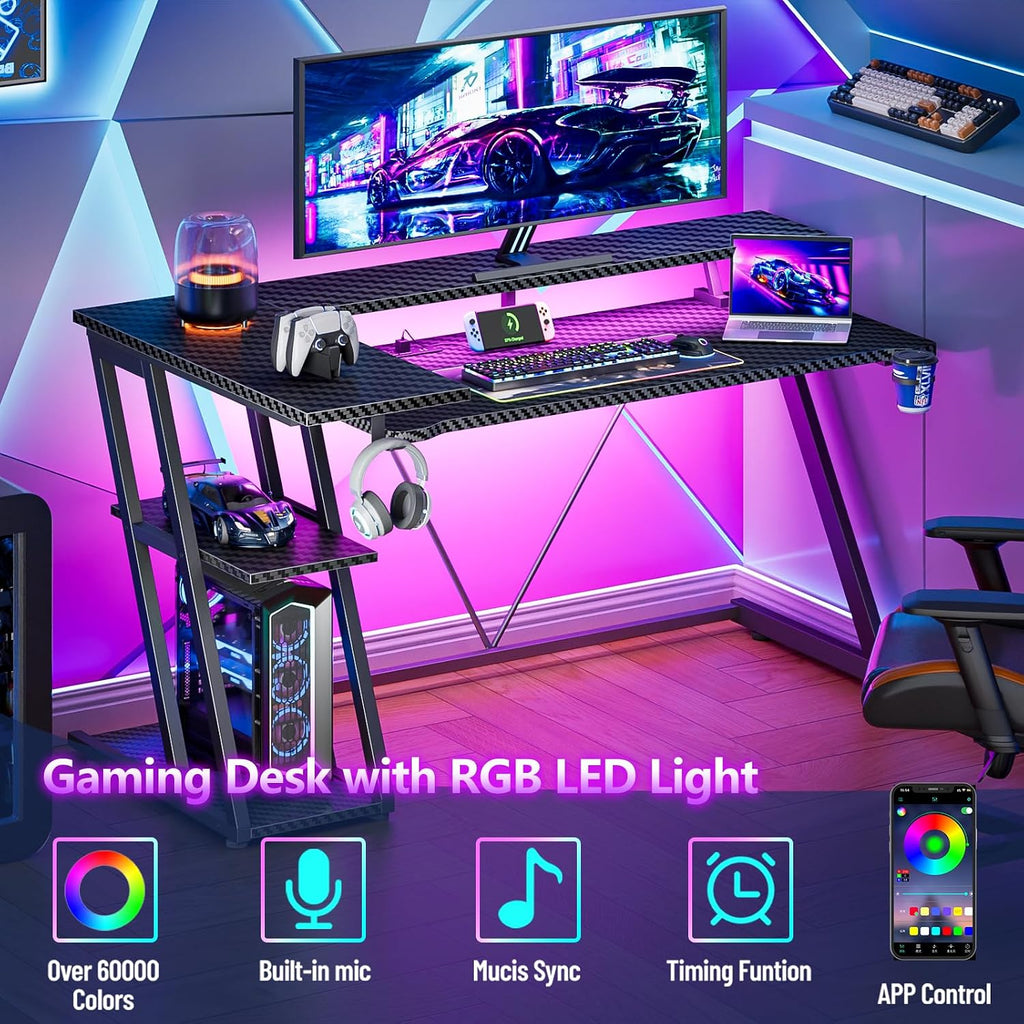 Korfile 55 Inch Gaming Desk with Power Outlet & LED Lights, L Shaped Gamer Computer Table with Storage Shelves for Bedroom, Corner Home Office Desk, Carbon Fiber Black