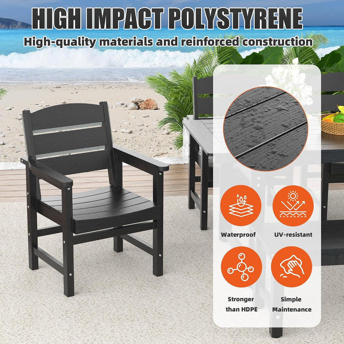 6-Piece HIPS Patio Dining Set, Outdoor Dining Table and Chairs Set with Umbrella Hole, Weatherproof Dining Table Set for 6 Person, Patio Furniture Set for Outside Deck, Black