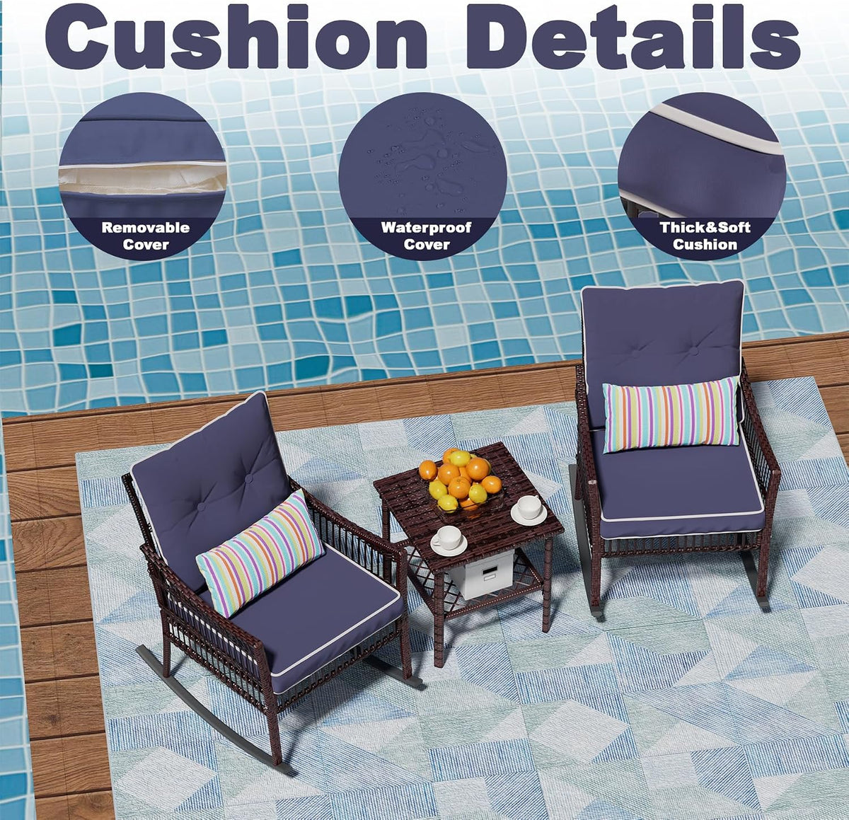 DECMICO Outdoor Rocking Chairs 3 Pieces Patio Conversation Front Porch Furniture, Wicker Bistro Set with Coffee Table for Garden and Balcony (Brown Rattan Royal Blue Cushion)