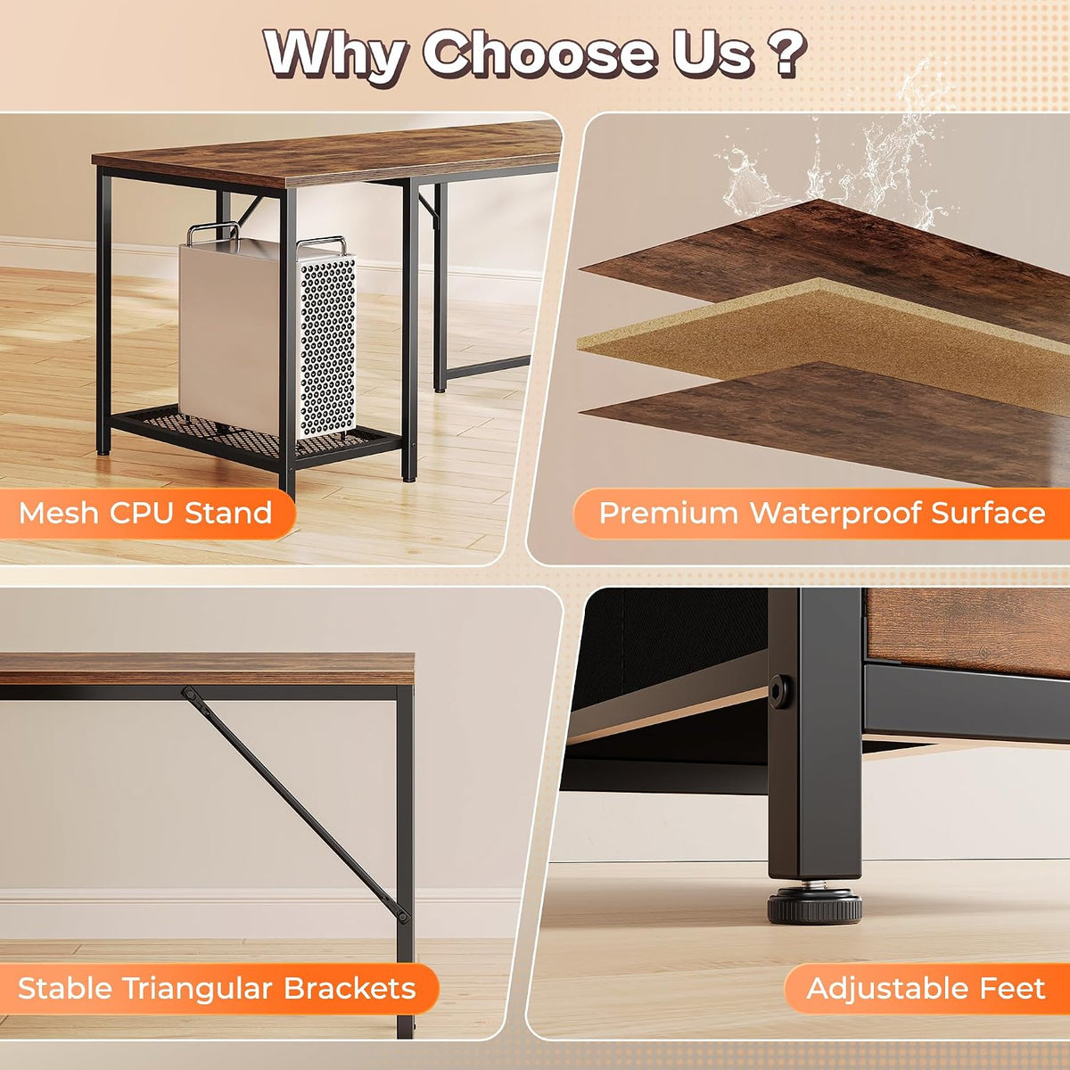 PRAISUN 66' L Shaped Gaming Desk with LED Lights & Power Outlets, Computer Desk with Fabric Drawers and Print Stand, Corner Office Desk, Monitor Stand, Mesh CPU Stand, Rustic Brown