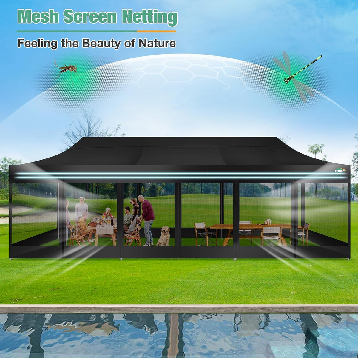 COBIZI 10x30 Canopy Tent, Heavy Duty Pop up Canopy with Sidewalls, Waterproof Easy Setup Canopy with Mosquito Netting, Outdoor Instant Screen Tents for Parties, Wedding with Roller Bag, Black