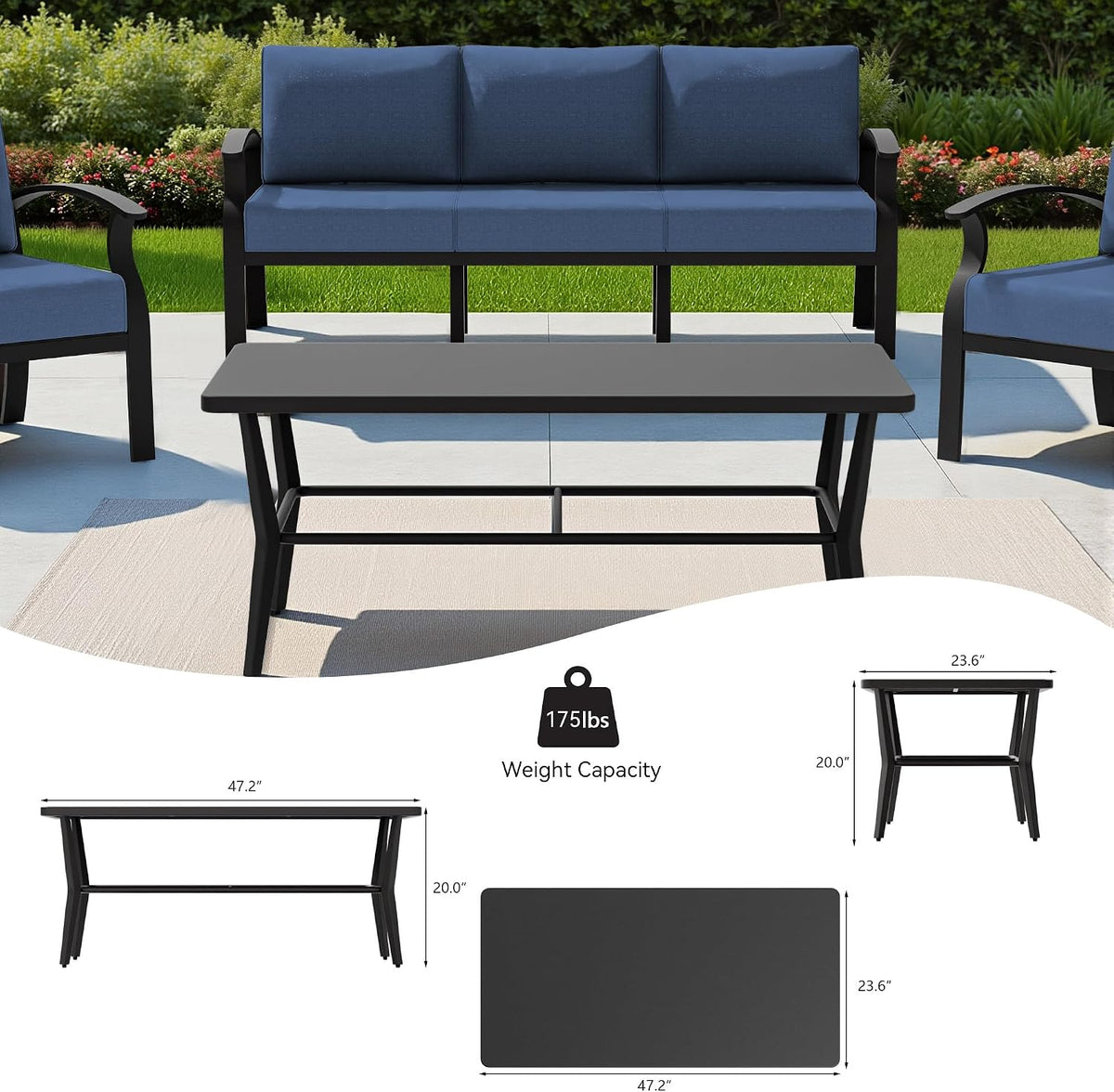 Aluminum Outdoor Patio Furniture Set,5 Seats Patio Conversation Sets with Rectangular Coffee Table,Metal Patio Sectional Furniture Set with 5.1' Thickened Cushions,Navy Blue