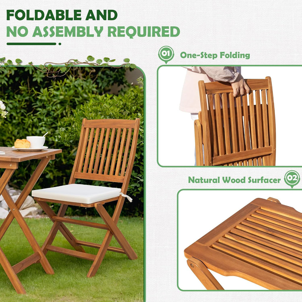 Greesum 3 Piece Patio Folding Furniture Bistro Set with 2 Chairs and Square Table for Pool Beach Backyard Balcony Porch Deck Garden,Acacia Wood