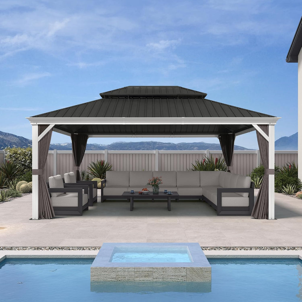 PURPLE LEAF 13' X 17' Hardtop Gazebo with Double Galvanized Steel Roof Awning and Upgrade Curtain for Patio Lawn and Garden, Grey