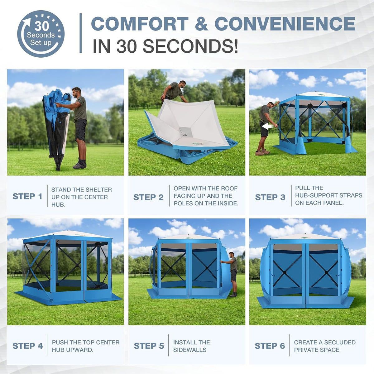 COBIZI 10x10 Pop Up Gazebo Screen Tent Screen House for Camping, Screen Room with Mosquito Netting, Hub Tent Instant Screened Canopy with Carrying Bag and Ground Stakes, Blue