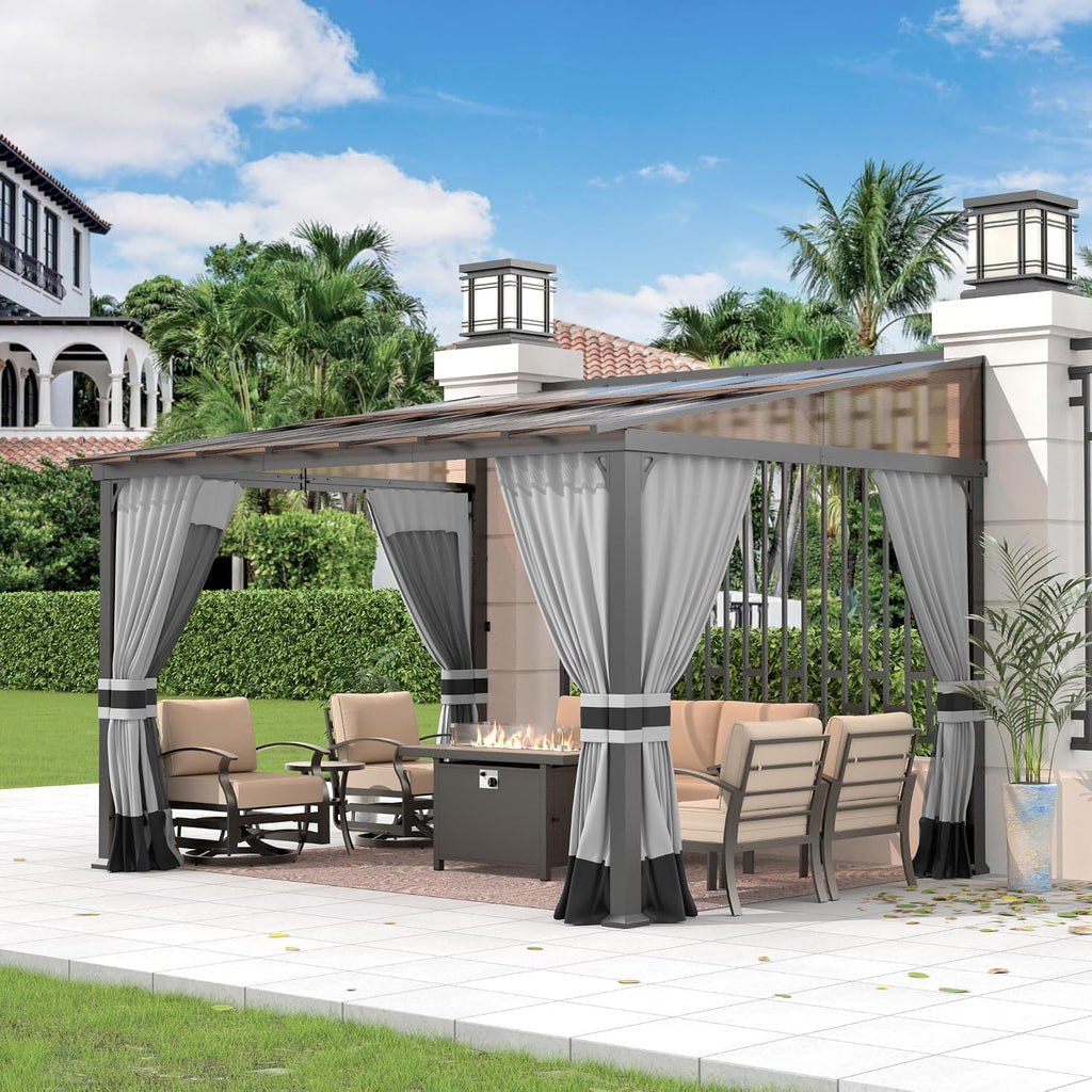 Gotland 10 FT x 12 FT Lean to Gazebo, 3 in 1 Outdoor Gazebo with Sloped Roof, Wall Mounted Gazebo with Ground Anchor Sturdy Structure, Galvanized Steel Metal Pergola for Backyard Deck Grey