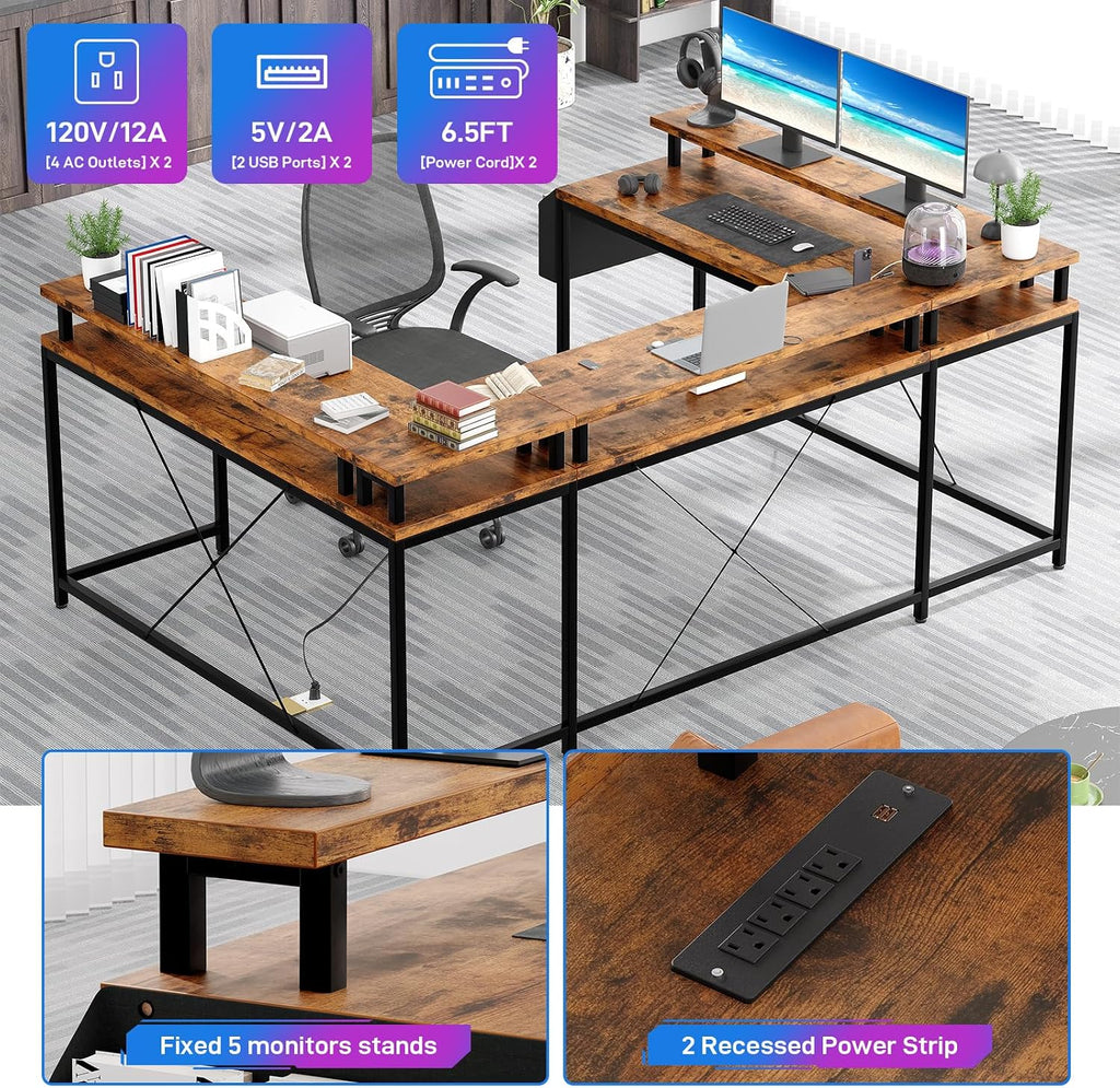 GAOMON U Shaped Desk, 126 Inch Gaming Desk with Monitor Stand and LED Lights, Reversible Shaped Large Computer Desk with Power Outlets, Office Desk with Storage Bag and Hooks, Vintage