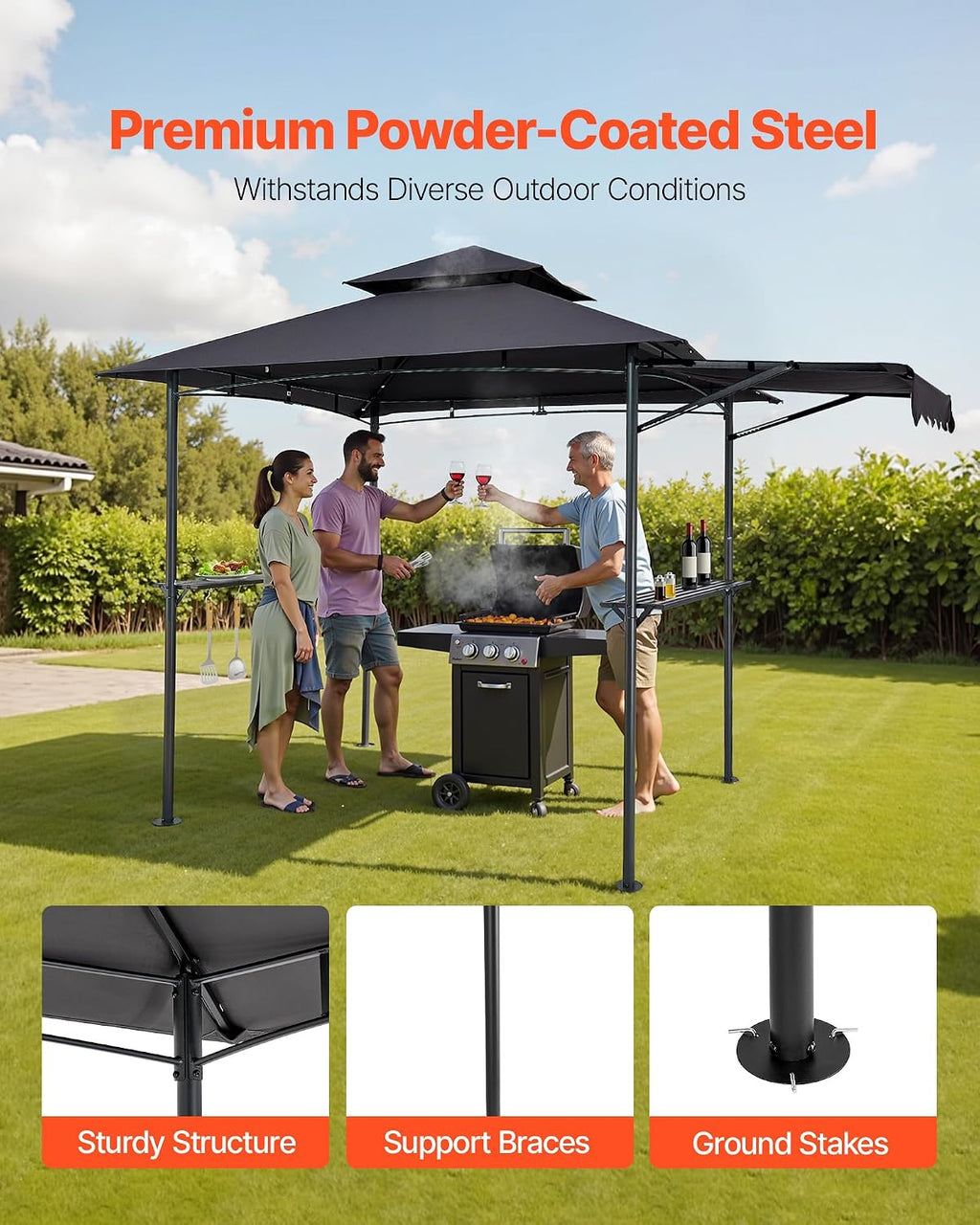 VEVOR Grill Gazebo, 8 x 5 ft Double-Tiered Top, BBQ Gazebo with Extra Awning, Powder-Coated Steel Patio Grill Shelter with 2 Side Shelves, Bottle Opener & Hooks, Outdoor Grilling Canopy for Garden