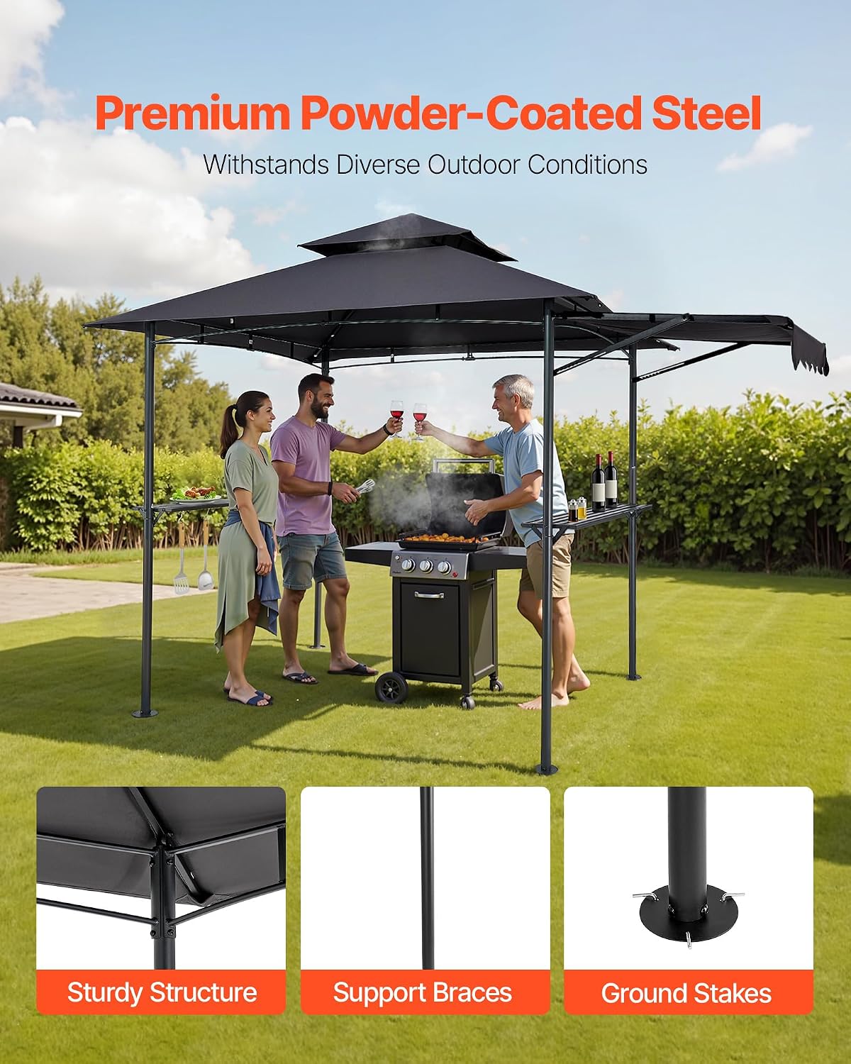 VEVOR Grill Gazebo, 8 x 5 ft Double-Tiered Top, BBQ Gazebo with Extra Awning, Powder-Coated Steel Patio Grill Shelter with 2 Side Shelves, Bottle Opener & Hooks, Outdoor Grilling Canopy for Garden