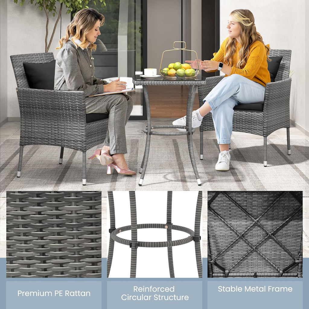 KOTEK 3 Pieces Patio Furniture Set, PE Rattan Outdoor Conversation Set with Tempered Glass Table & Soft Cushions, Wicker Bistro Set for Garden, Porch, Balcony (Black)