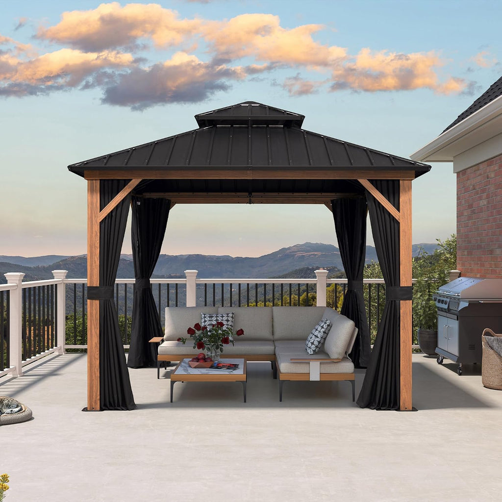 PURPLE LEAF 10' X 10' Hardtop Gazebo Outdoor Wood Grain Aluminum Frame Galvanized Steel Double Roof Gazebos with Netting and Curtains for Patio Deck Backyard Garden
