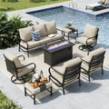 MFSTUDIO Patio Furniture Sets with 45' Gas Fire Pit Table, 8 Pieces Outdoor Metal Conversation Sets with 1 x 3-Seat Sofa, 2 Single Chairs, 2 Swivel Chairs and 2 Ottomans, Beige Cushion