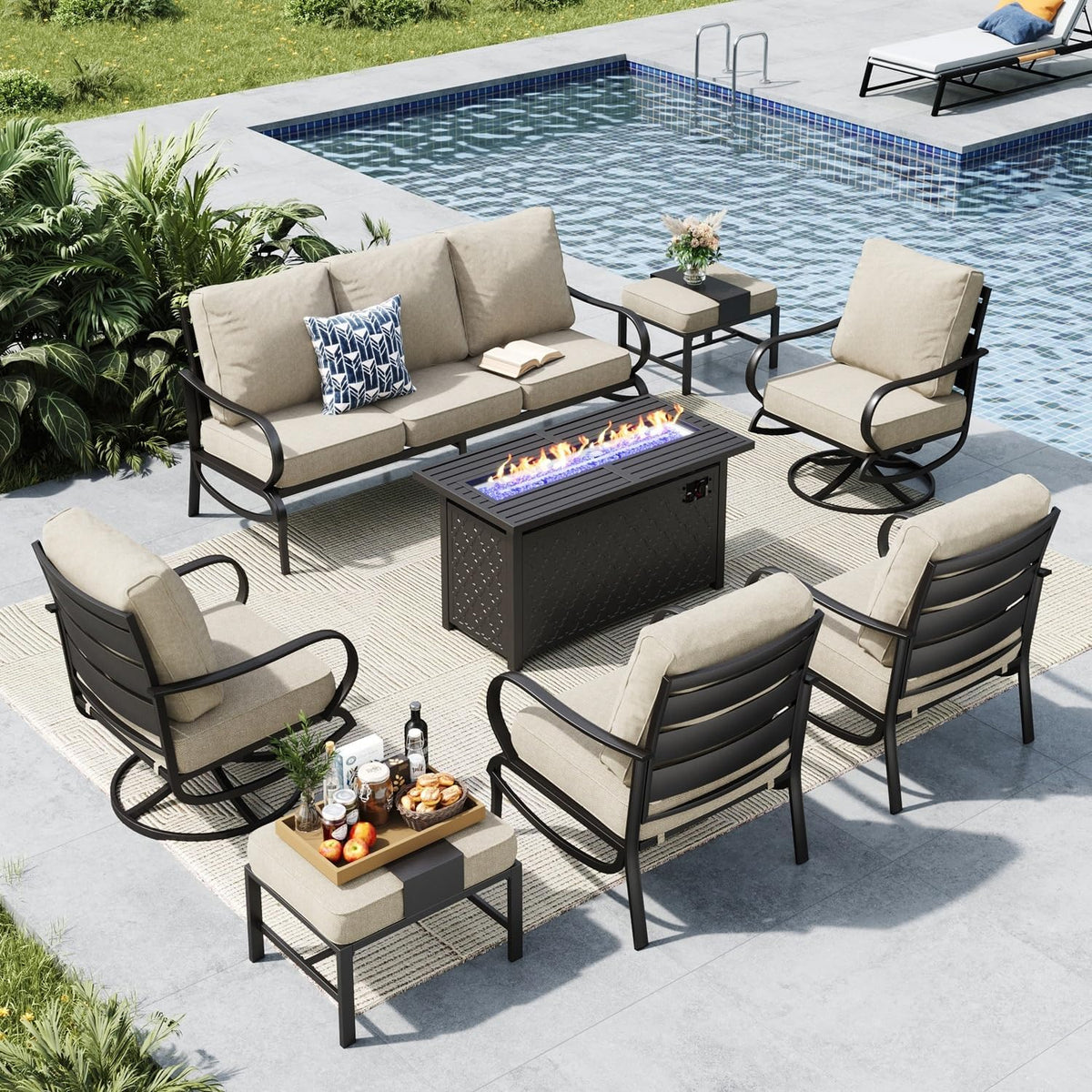 MFSTUDIO Patio Furniture Sets with 45' Gas Fire Pit Table, 8 Pieces Outdoor Metal Conversation Sets with 1 x 3-Seat Sofa, 2 Single Chairs, 2 Swivel Chairs and 2 Ottomans, Beige Cushion