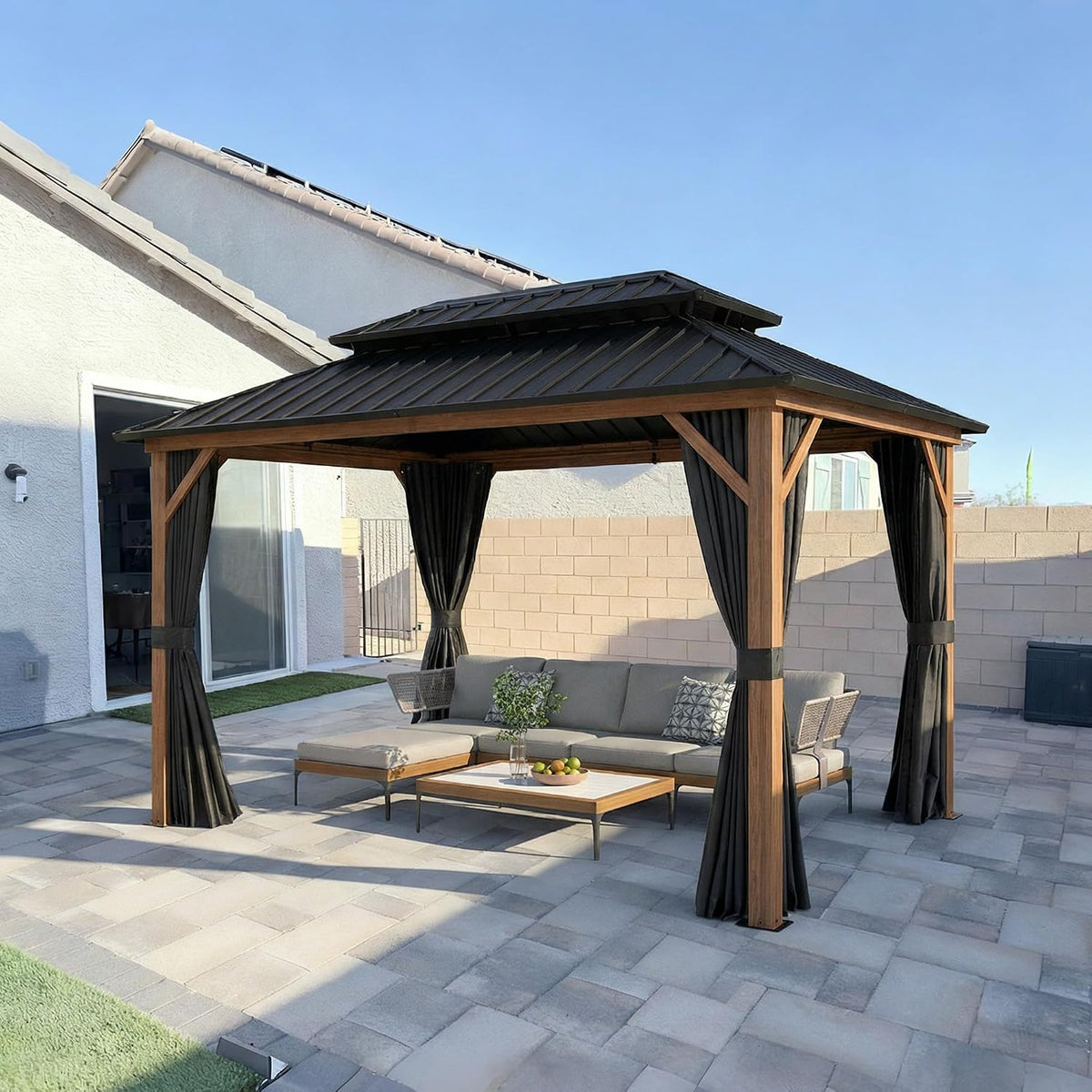 PURPLE LEAF 8' X 12' Hardtop Gazebo Outdoor Wood Grain Aluminum Frame Galvanized Steel Double Roof Gazebos with Netting and Curtains for Patio Deck Backyard Garden