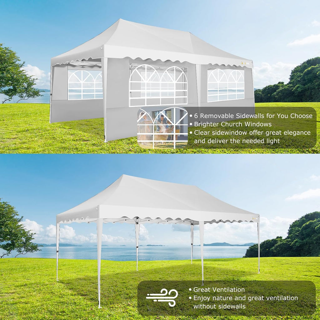 HOTEEL Folding Gazebo 3 x 6 Gazebo Waterproof Stable Party Tent Foldable Folding Tent with 6 Side Walls & Roll Bag & 4 Sand Bags, Easy Assembly for Weddings, Commerce, Parties, UV50+ Protection, White